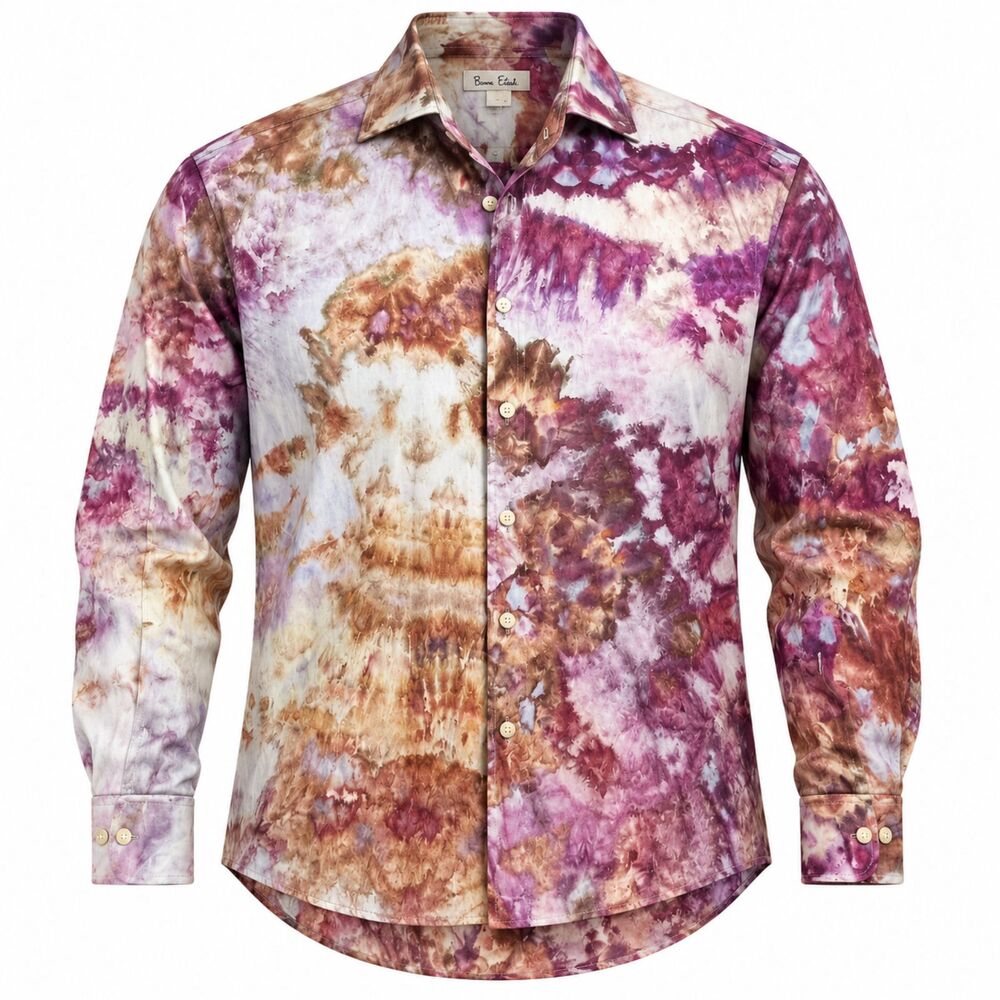 Men’s Large Slim Fit Long Sleeve Button Down Shirt Upcycled Tie Dye Brown Purple